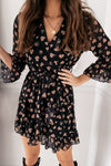 Amra Fashion Love Heart Print 3/4 Sleeve Ruffled Wrap Mini Dress Black