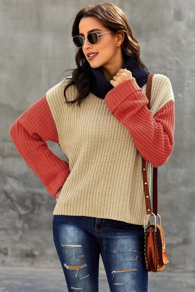 AmraFashion -Long-Sleeve-Turtleneck-Color-Block-Pullover-Knit-Sweater