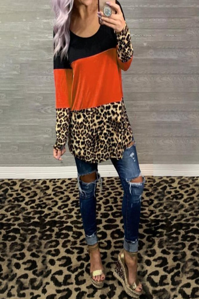 Amra Fashion Tri-Color block Leopard Patchwork Long Sleeve