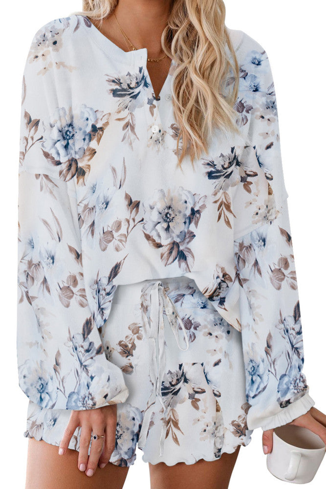 Amra Fashion Comfy Floral Print White Knit Pajamas Set