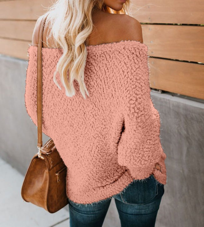 Pink Off The Shoulder Popcorn Knit Sweater