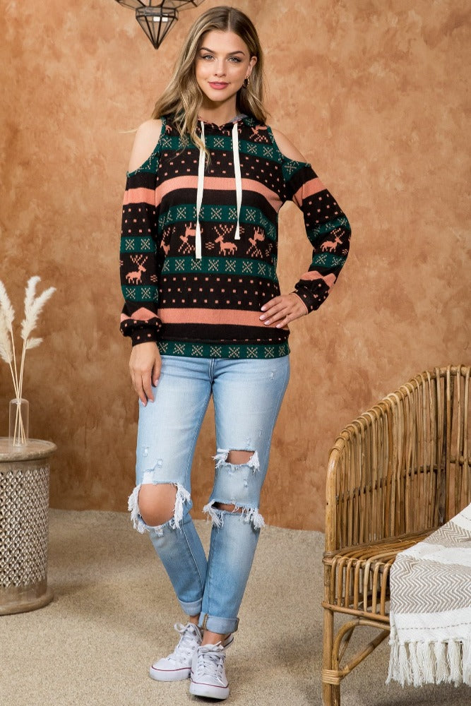 AmraFashion-Long-Sleeve-Cold-Should-Knitted-Print-Hoodie-Top-Green