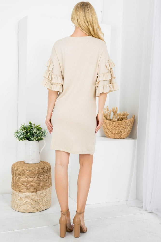 AmraFashion-Oatmeal-Round-Neckline-Multi-Tiered-Ruffle-Sleeves-Mini-Dress