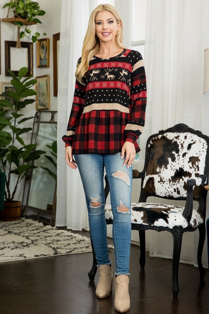 AmraFashion-Plaid-Deer-Print-Contrast-Round-Neck-Pull-Over-Red-Red-Black