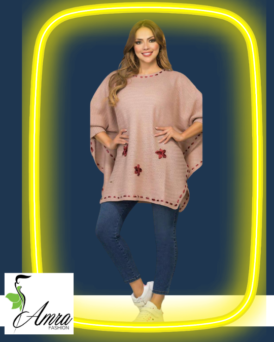 Round-Neck-Knit-Poncho-Long-Sleeves