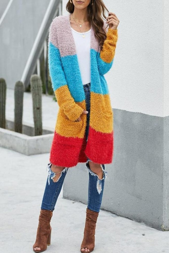 Amra Fashion Multicolor Block Drape Oversized Knitted Cardigan Sweater.
