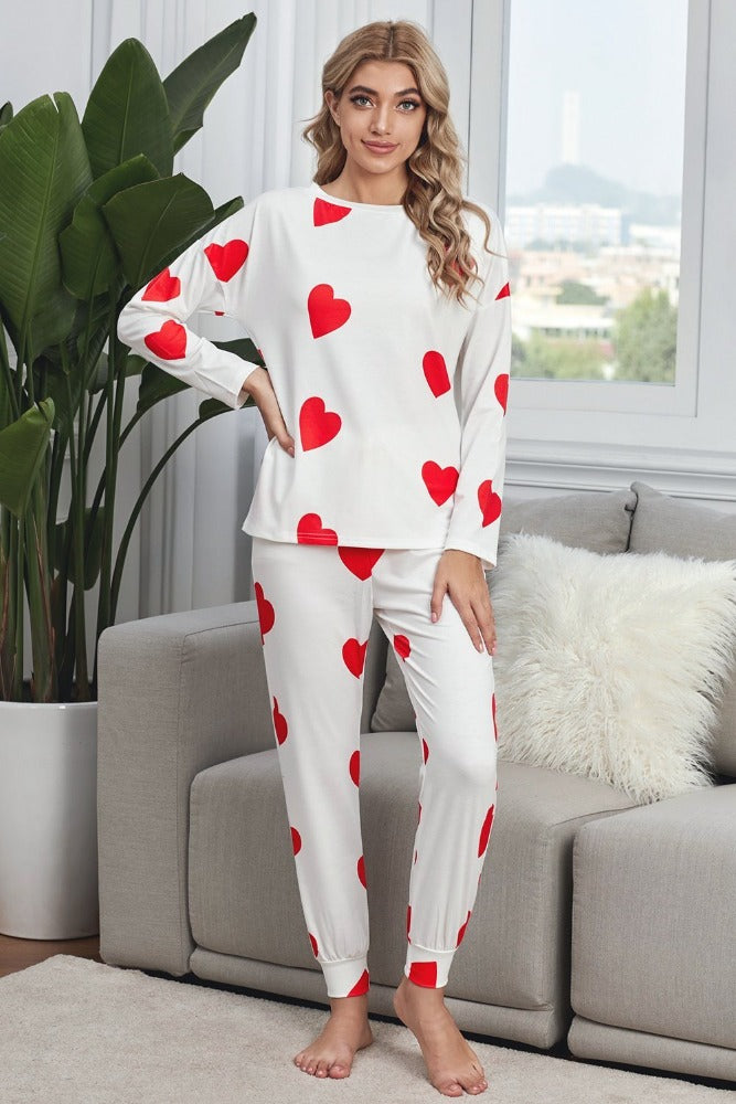 Amra Fashion Valentine's Day Love Heart Print Long Sleeves Two-piece Loungewear