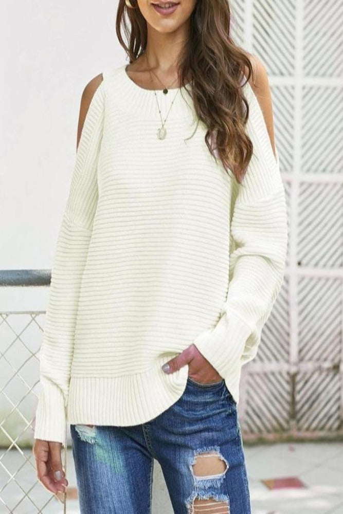Amra Fashion White Cold Shoulder Pullover Sweater