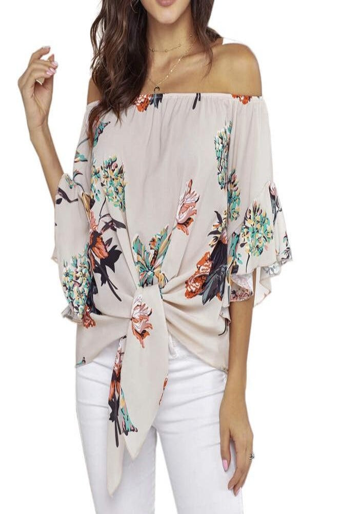 Apricot-Off-Shoulder-Floral-Tie-Front-High-Low-Chiffon-Blouse-Amra-Fashion