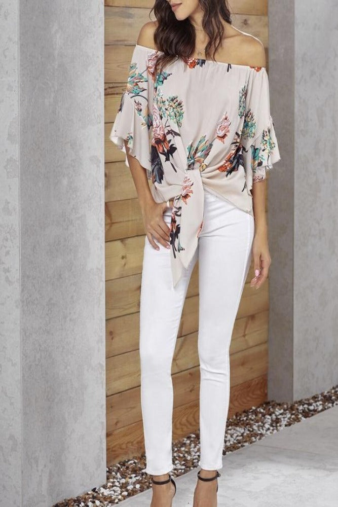 Apricot-Off-Shoulder-Floral-Tie-Front-High-Low-Chiffon-Blouse-Front-Side-02-Amra-Fashion.