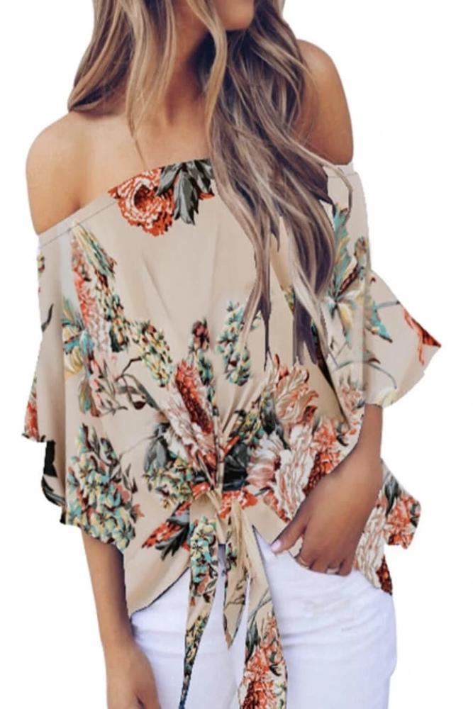 Apricot-Off-Shoulder-Floral-Tie-Front-High-Low-Chiffon-Blouse-Front-Side-Amra-Fashion