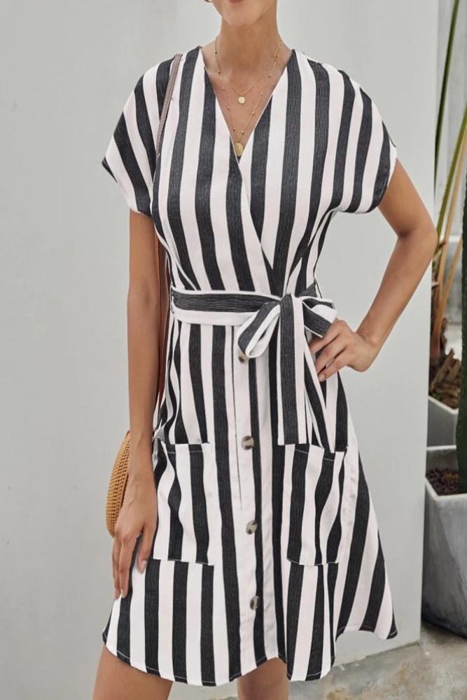 Black-Fashion Stripe-Short Sleeve-Casual Dress-Front-Side-Amra-Fashion