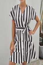 Black-Fashion Stripe-Short Sleeve-Casual Dress-Front-Side-Amra-Fashion