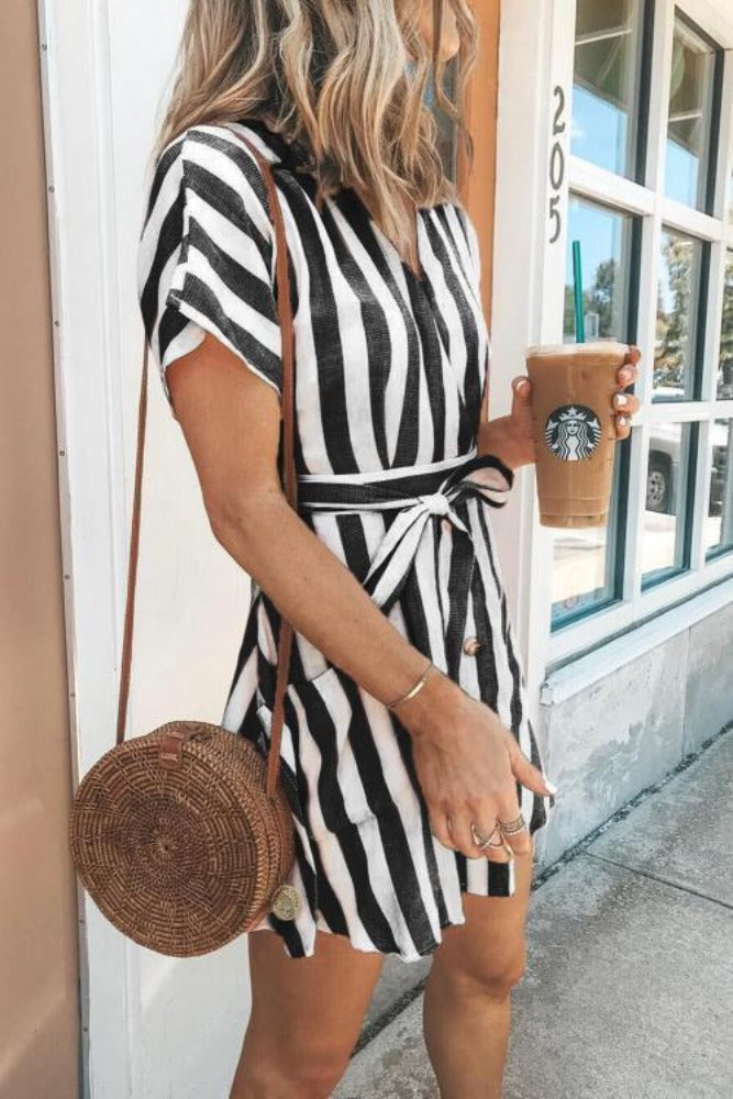 Black-Fashion Stripe-Short Sleeve-Casual Dress-Right-Side-Amra-Fashion