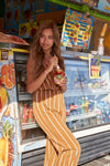 Amra Fashion Stripe Buckle Shoulder Wide Leg Jumpsuit Mustard 