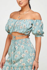 AmraFashion-Floral-Off-Shoulder-Sleeve-Back-Tie-Top-Skirt-Set