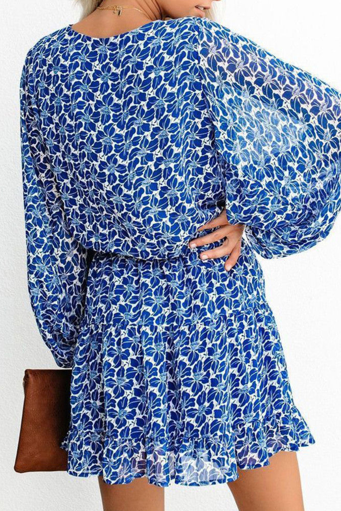 Amra Fashion V Neck Lantern Sleeves Floral Tunic Dress