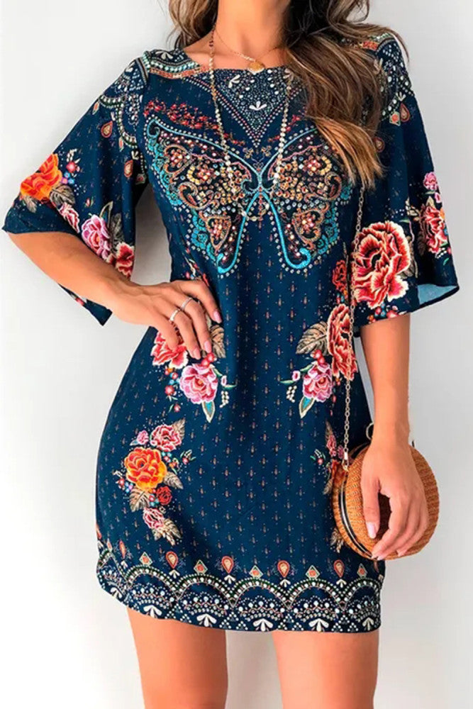3/4 Sleeve Butterfly Floral Short Dress - Amra Fashion