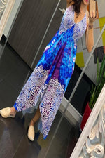 Geometric Maxi Tie Dye Long Dress with V-shaped collar amra fashion