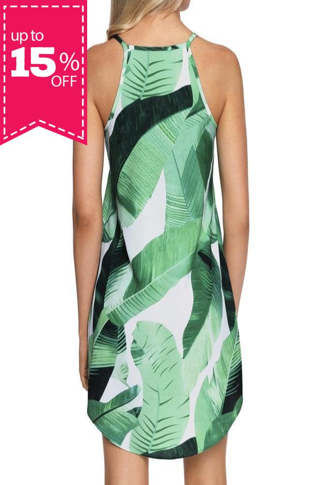 Green-Leaf-Print-Sleeveless-Dress-Back-Side-Amra-Fashion