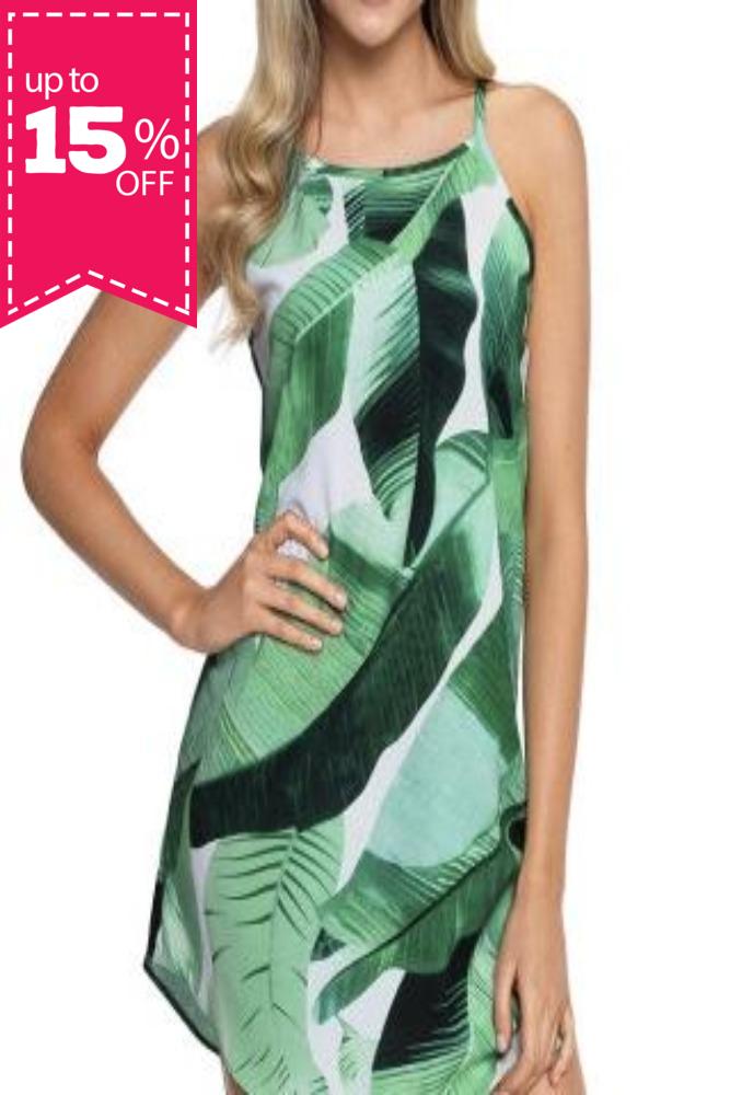 Green-Leaf-Print-Sleeveless-Dress-Front-Side-Amra-Fashion