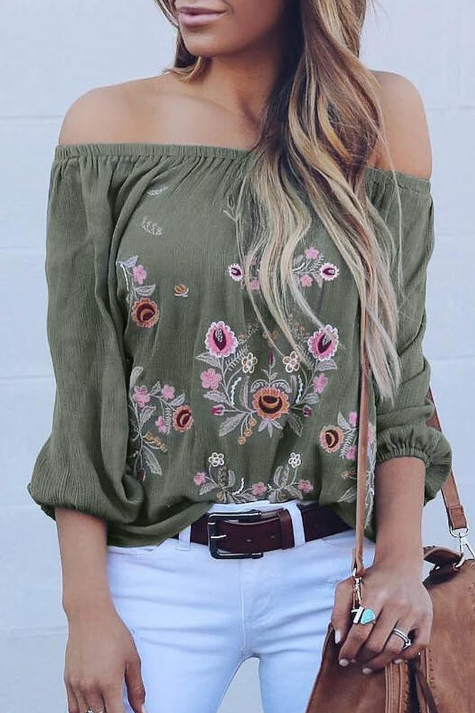 Amra Fashion Green Embroidered Off Shoulder Long Sleeve Bohemian Floral Blouse