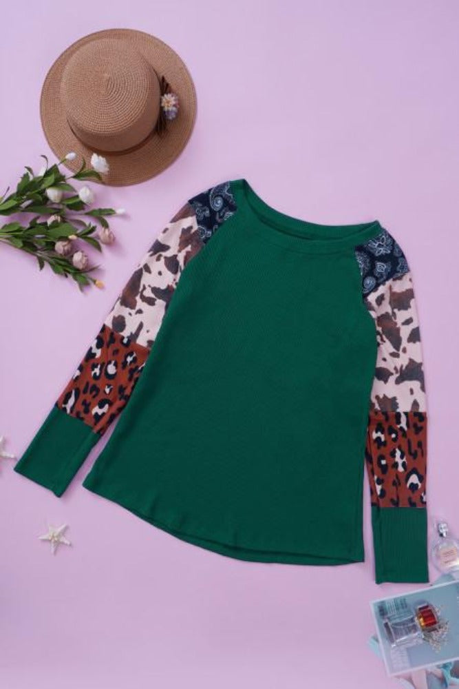 Amra Fashion Multi Print Color Block Sleeves Waffle Knit