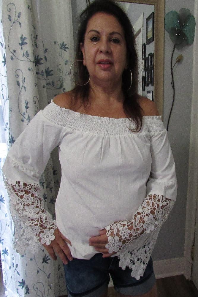 Amra Fashion White Off Shoulder Crochet Hem Top.