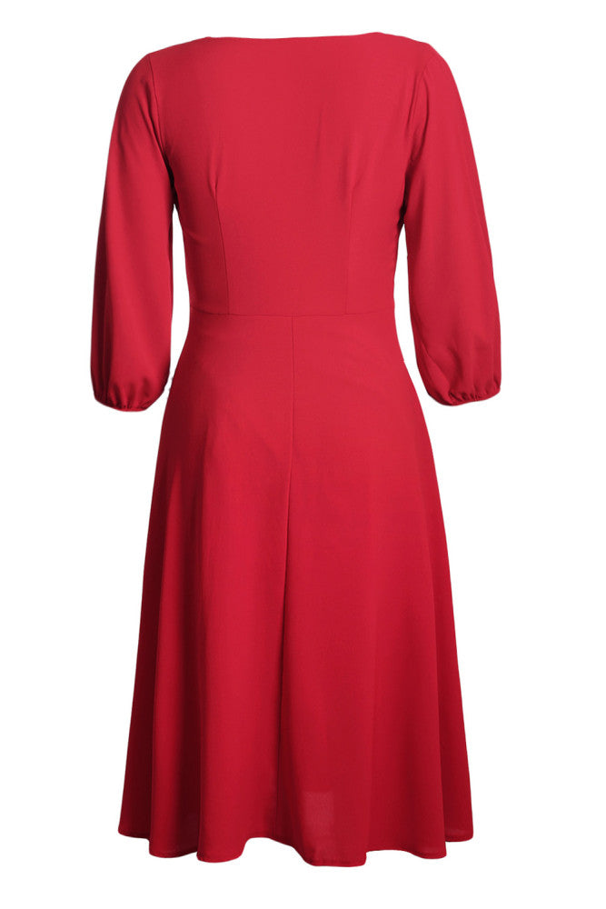 Red Button Front Balloon Sleeve Vintage Dress amra fashion