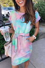 Multicolor Tie-dye Pocketed T-shirt Dress with Belt