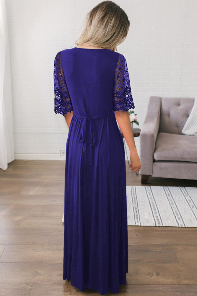 Dark Blue Floral Lace Half Sleeve Wrap V Neck Maxi Dress amra fashion