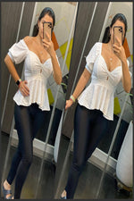 Amra Fashion White Small Holed Short-Sleeved Blouse