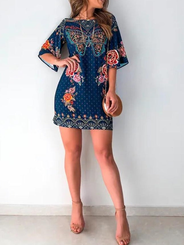 3/4 Sleeve Butterfly Floral Short Dress - Front side- Amra Fashion