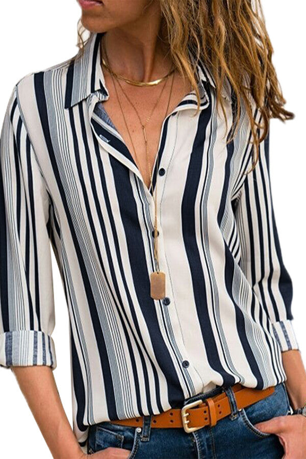 White-Navy-Striped-Modern-Women-Shirt-Amra-Fashion