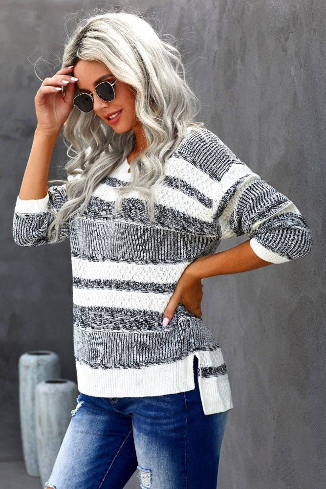 White Striped Pullover Knit Sweater -Classic sweater in a striped pattern