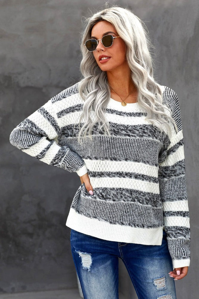 White Striped Pullover Knit Sweater -Classic sweater in a striped pattern
