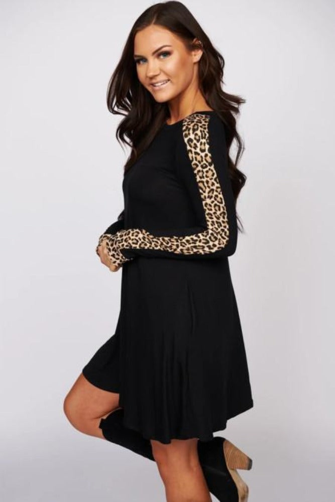 Amra Fashion Wild Leopard Long Sleeve Shift Short Dress