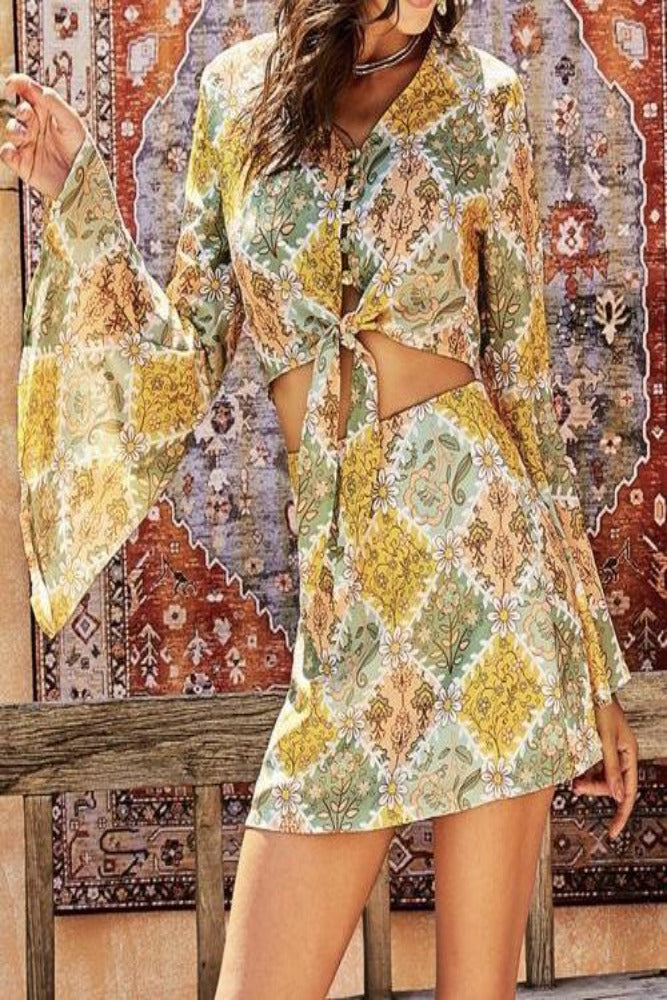 Yellow-Retro-Bell-Sleeve-Front-Knot-2-Pcs-Dress-Front-Side-03-Amra-Fasion