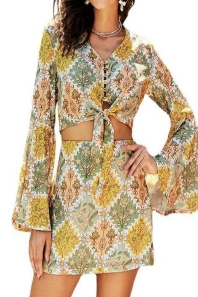 Yellow-Retro-Bell-Sleeve-Front-Knot-2-Pcs-Dress-Front-Side-Amra-Fasion