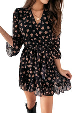 Amra Fashion Love Heart Print 3/4 Sleeve Ruffled Wrap Mini Dress Black